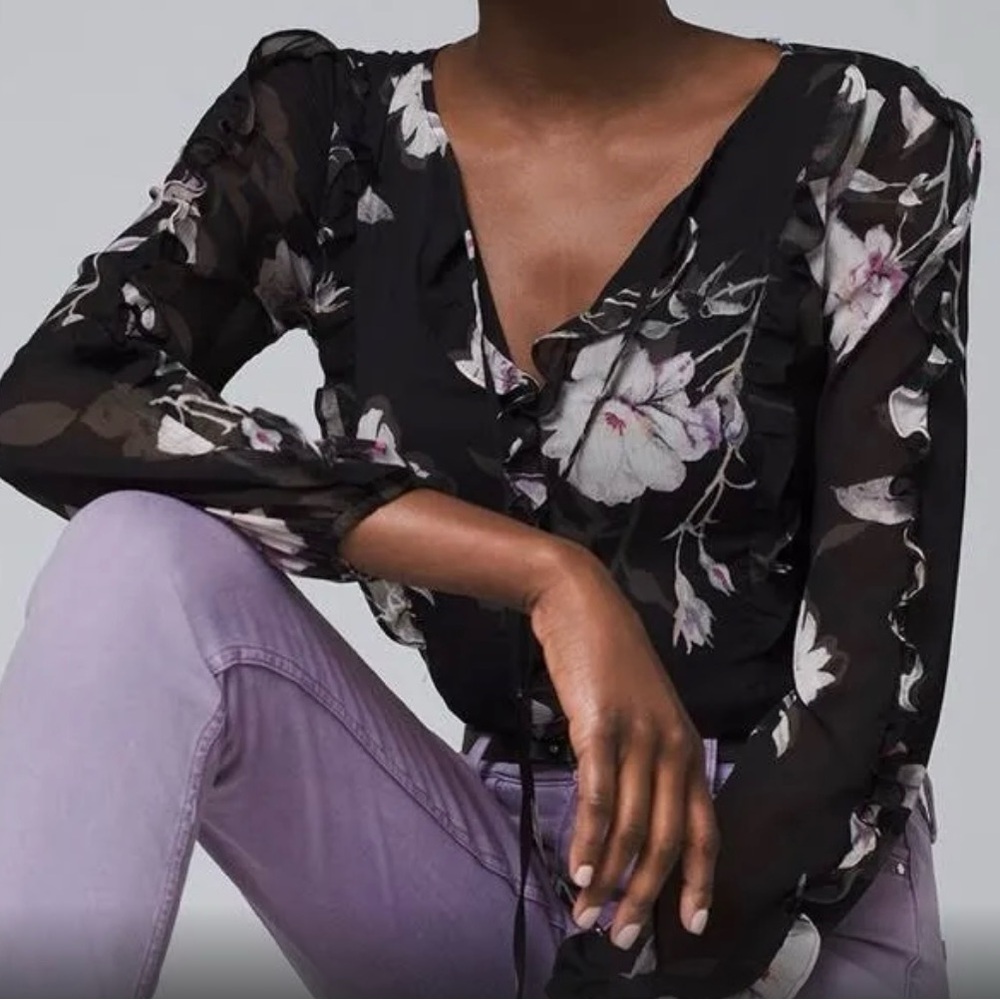 WHBM Floral V-Neck Sheer Blouse - Black